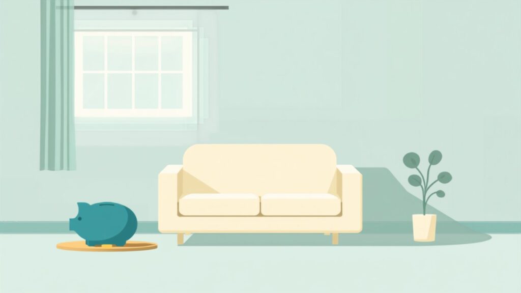 一人暮らしの部屋と貯金箱のイメージのイラスト