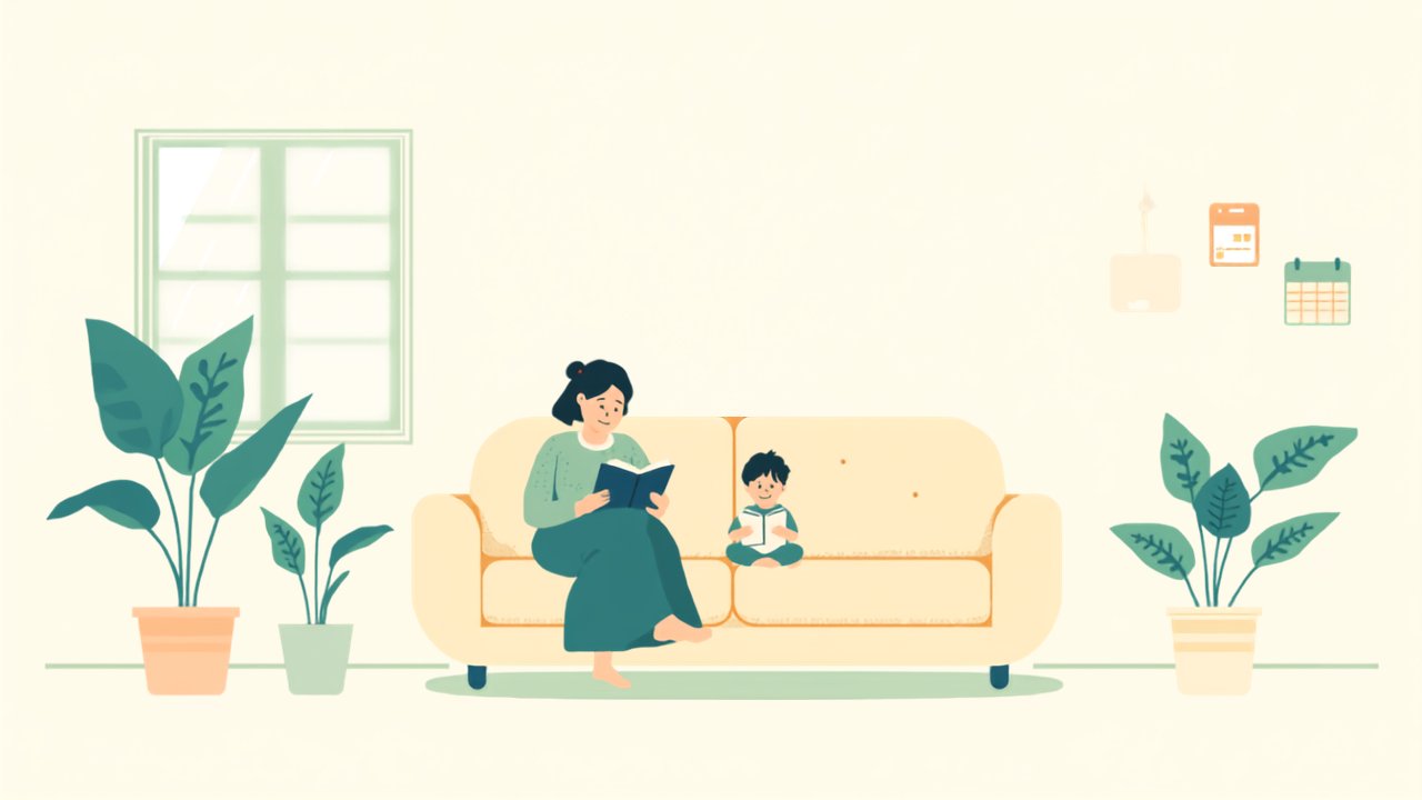 ソファでくつろぐ親子と家計カレンダーのある部屋のイラスト