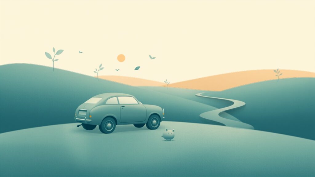 自動車税をイメージした、車と貯金箱・道のティール系フラットイラスト