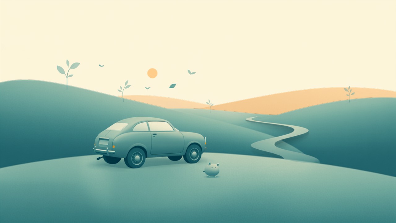 自動車税をイメージした、車と貯金箱・道のティール系フラットイラスト