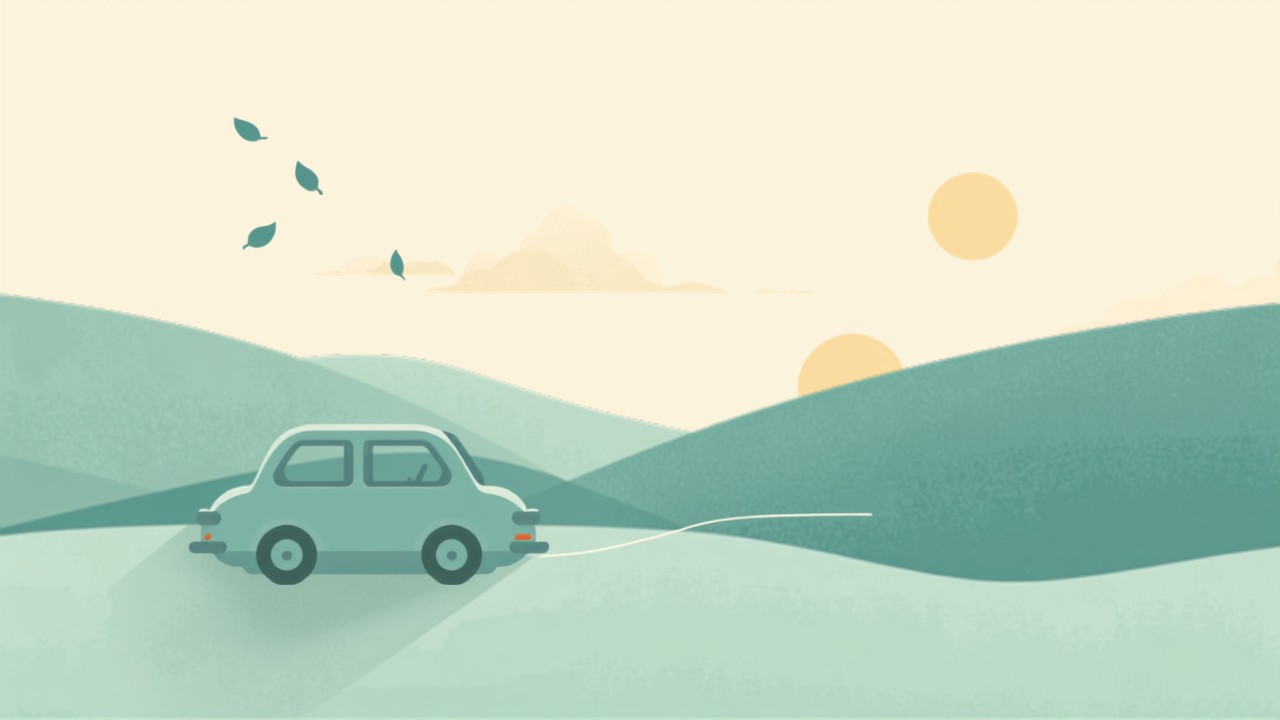 丘の道を走る車のイラスト。自動車税の納付時期(5月)をイメージ