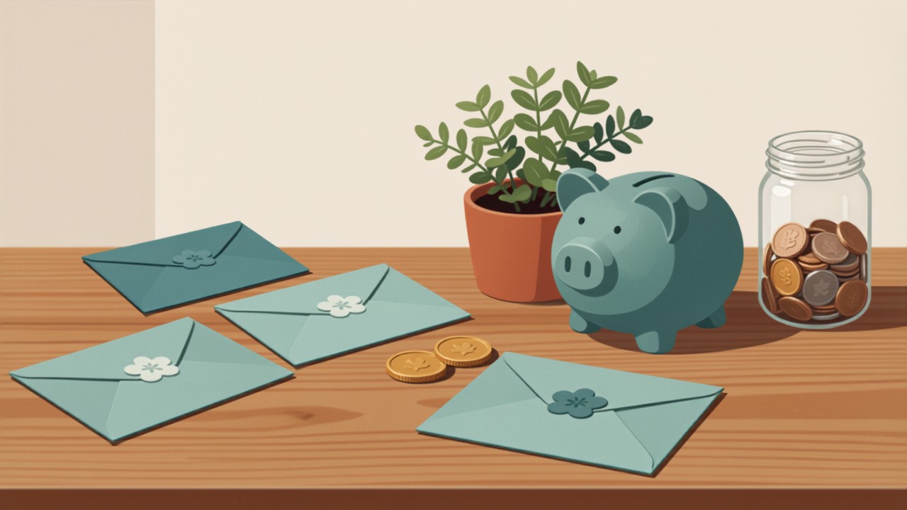 ティール色のポチ袋と貯金箱、硬貨、観葉植物を並べたお年玉の準備イメージ