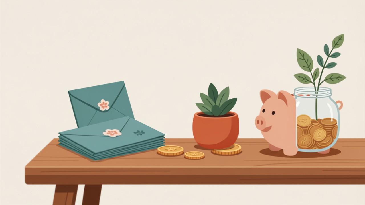 重ねたポチ袋と貯金箱、硬貨の入った瓶を描いたお年玉貯金のイラスト