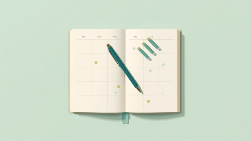 年間の予定を手帳に書き込むイメージのイラスト