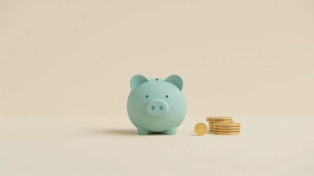 ティール色の貯金箱とコインのイラスト｜ボーナスで特別費を貯めるイメージ