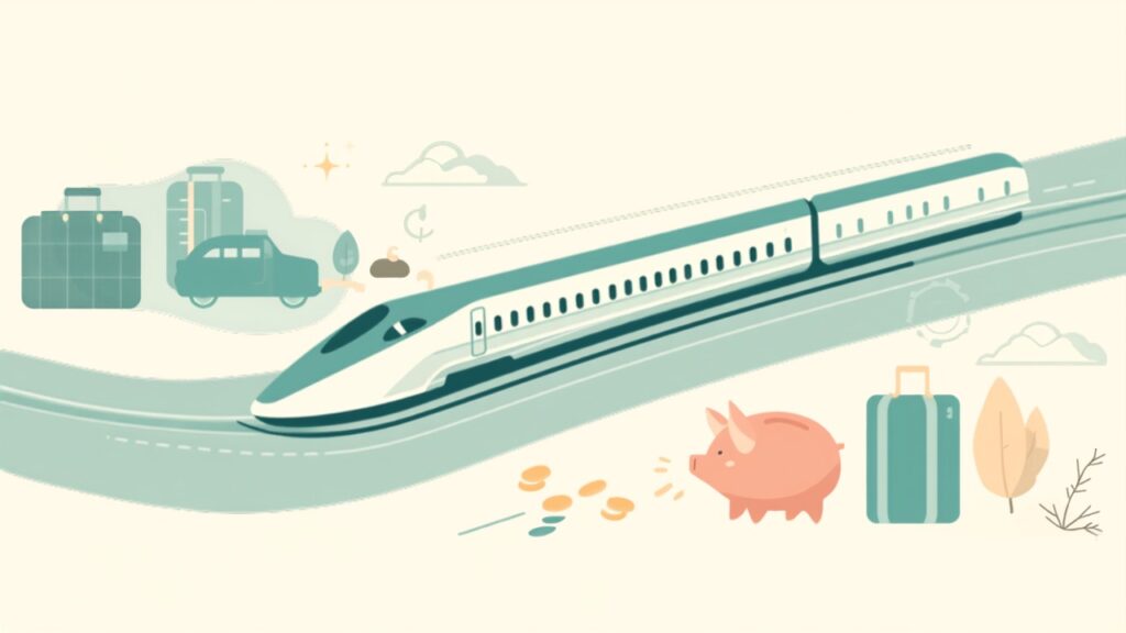 新幹線や車で帰省する家族と貯金箱・コインのイラスト（帰省費用の平均イメージ）