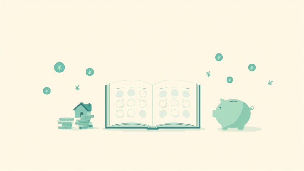 特別費の内訳を年間カレンダーで見える化するイメージ（家・貯金箱・コインのイラスト）