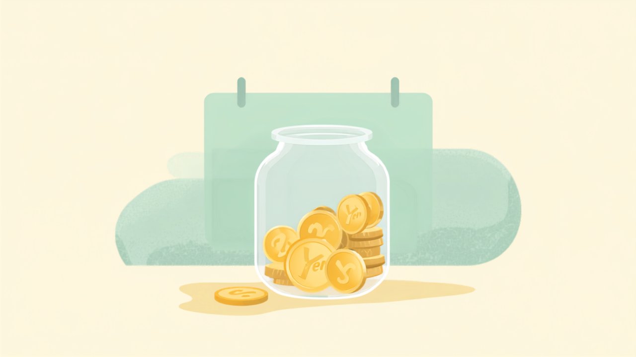 毎月コツコツ貯金するイメージのイラスト(瓶と硬貨とカレンダー)