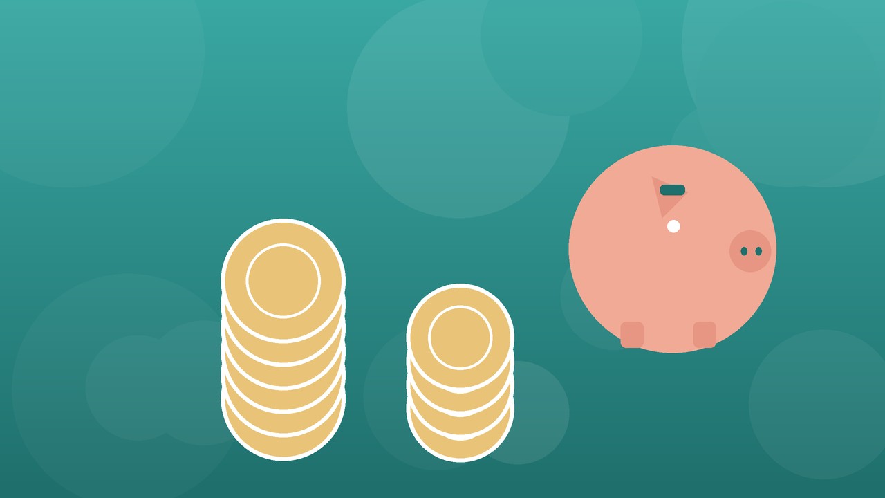 積み上がった硬貨と貯金箱のイラスト|ランドセルの費用相場