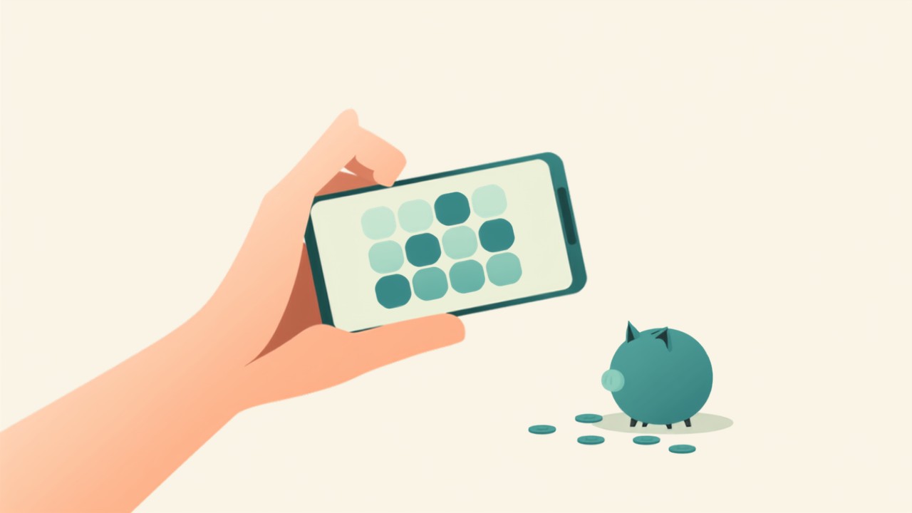 特別費をアプリで見える化するイメージ。カレンダーが表示されたスマートフォンを手に持ち、豚の貯金箱と硬貨が置かれたイラスト