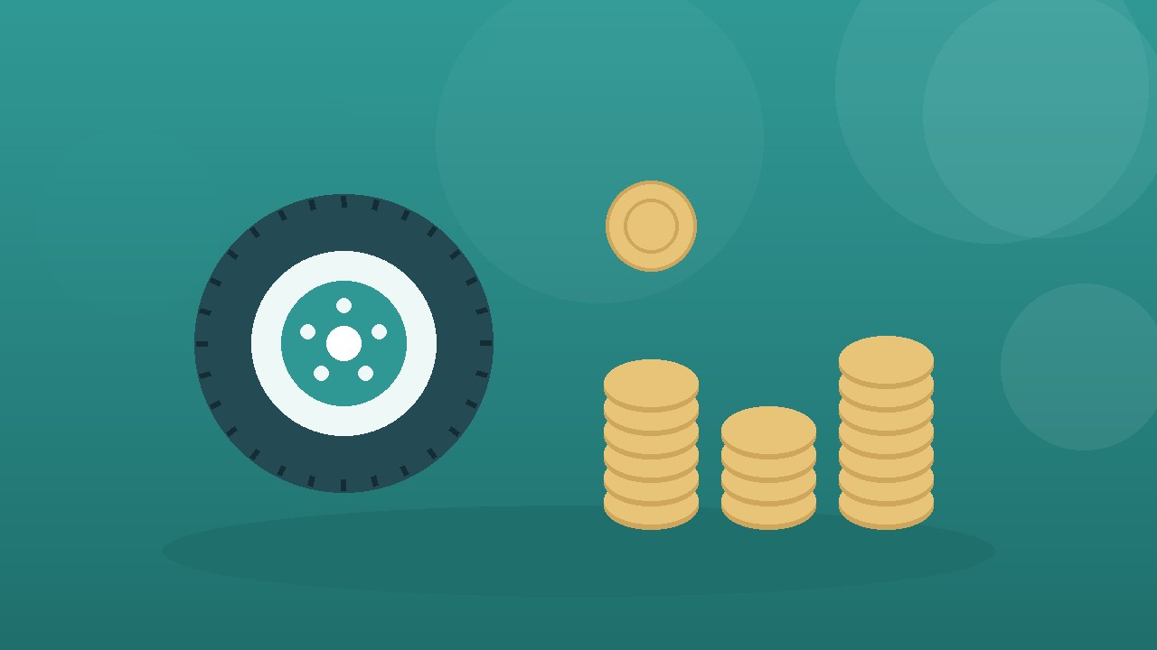 スタッドレスタイヤ4本の費用相場を表す硬貨とタイヤのイラスト