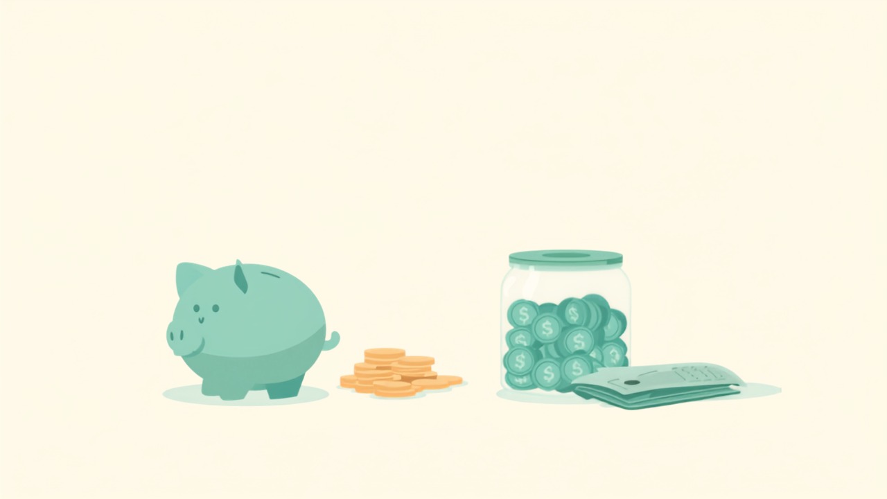 貯金箱とコイン・貯金瓶・財布を描いた家計管理のイラスト