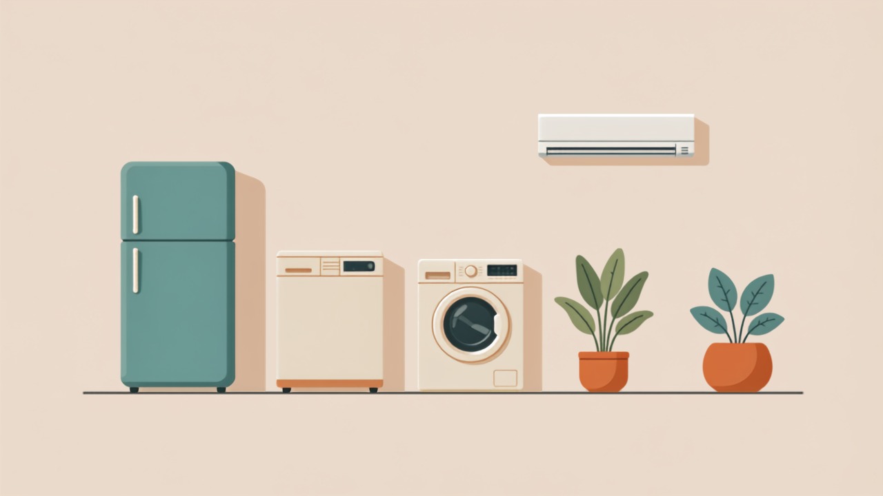 冷蔵庫・洗濯機・エアコンなど主要家電と観葉植物を並べたティール配色のイラスト