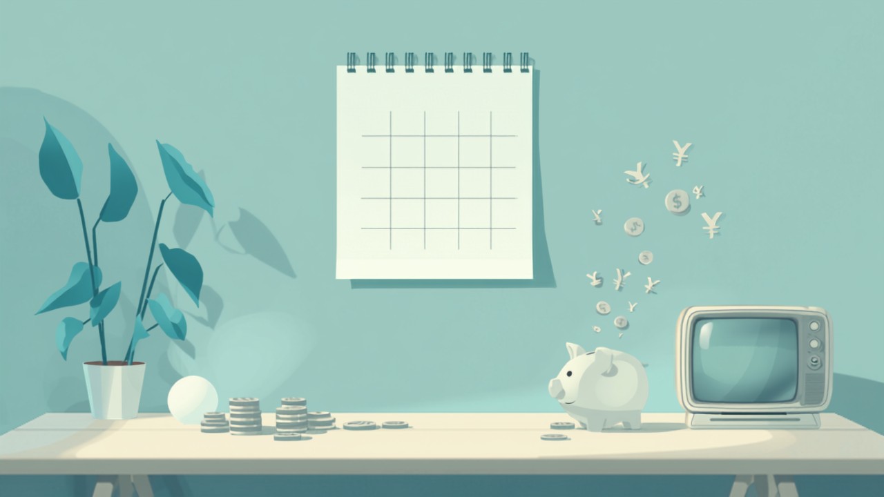 カレンダーと貯金箱・硬貨で年間の支出を見える化するイメージのイラスト