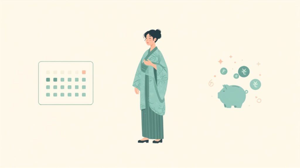 振袖姿の女性とカレンダー・貯金箱で成人式費用と家計管理を表したイラスト