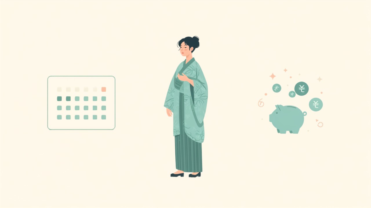 振袖姿の女性とカレンダー・貯金箱で成人式費用と家計管理を表したイラスト