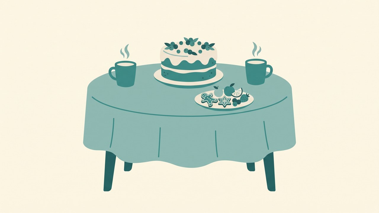 クリスマスケーキとごちそうが並んだ食卓のイメージ