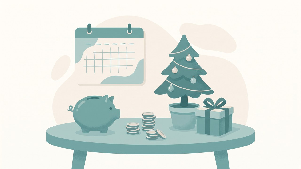 クリスマス費用を計画する家計のイメージ。カレンダー・貯金箱・コイン・クリスマスツリー・プレゼント