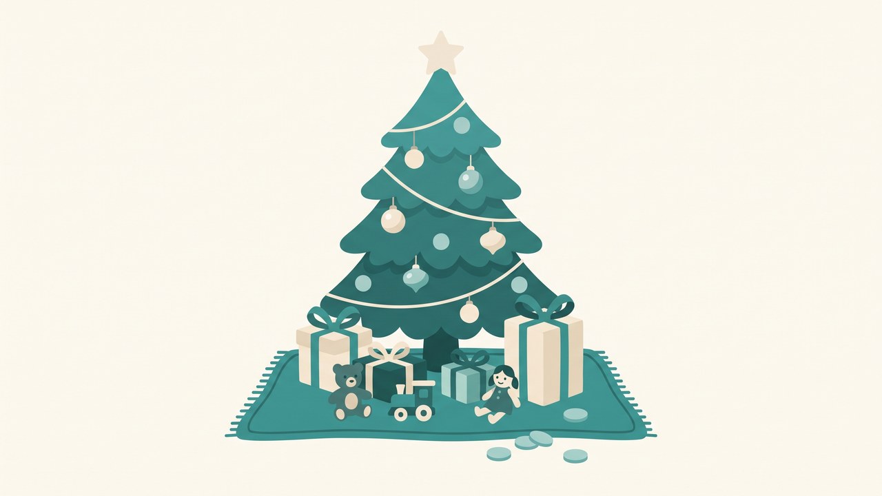 クリスマスツリーの下に並ぶ子ども向けプレゼントとおもちゃ