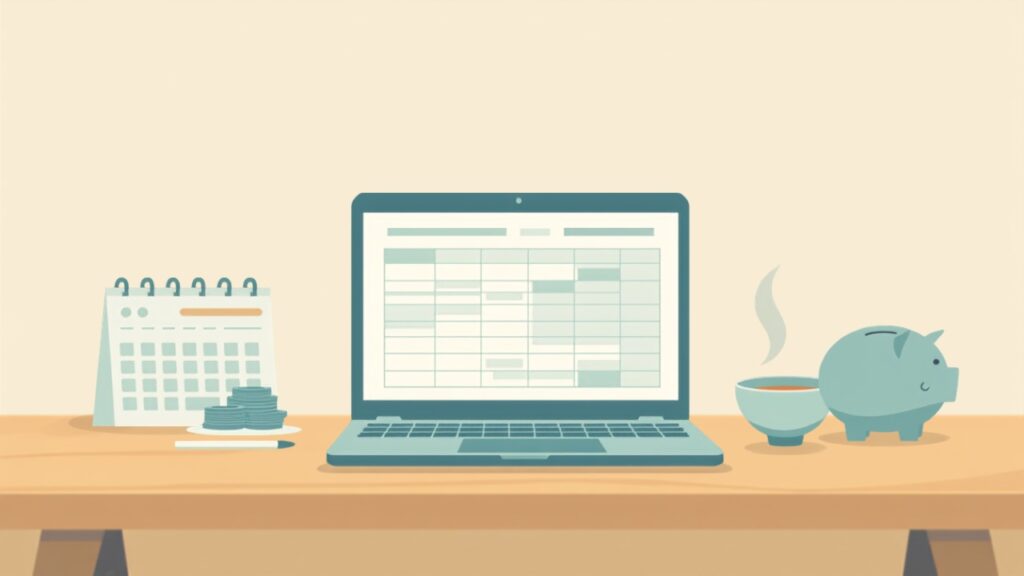 ノートパソコンの表計算ソフトで特別費を管理する机まわりのイラスト（カレンダー・コイン・貯金箱）