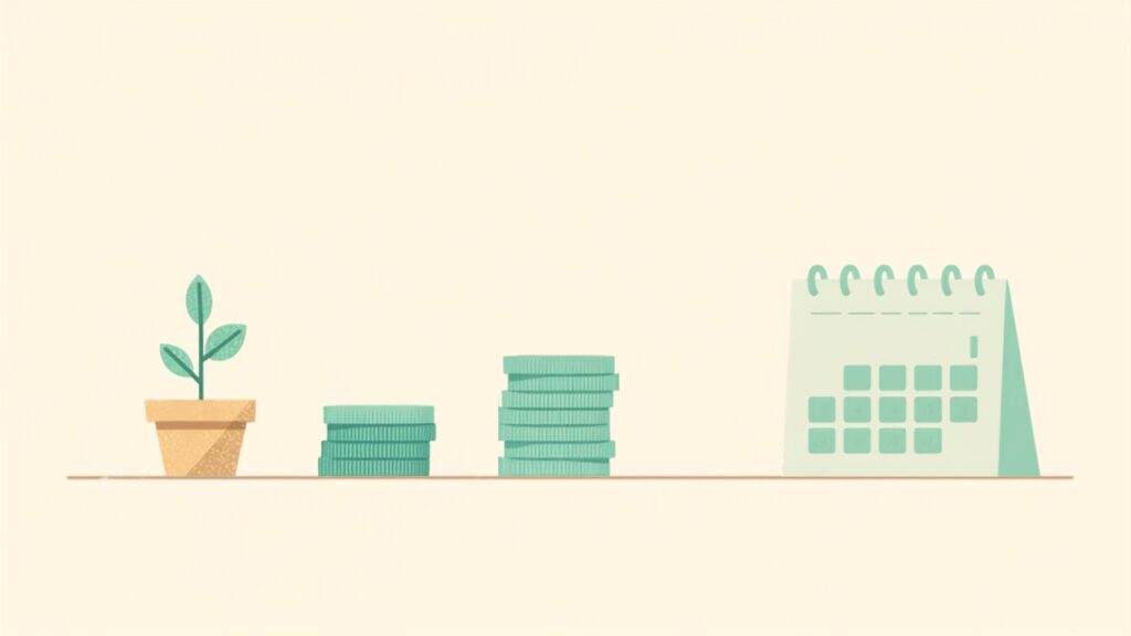 特別費の積立で少しずつお金が増える様子を表したティール配色のイラスト