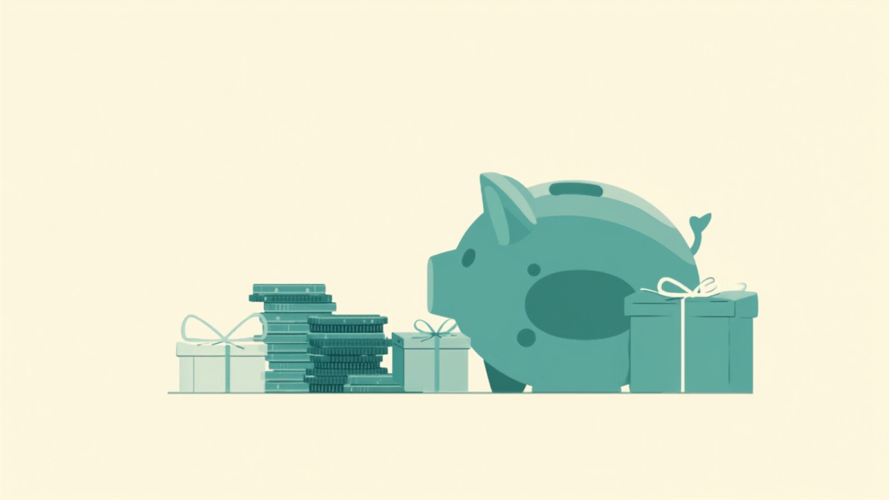 硬貨の山と貯金箱、ギフトボックスのイラスト(贈り物代を積み立てるイメージ)