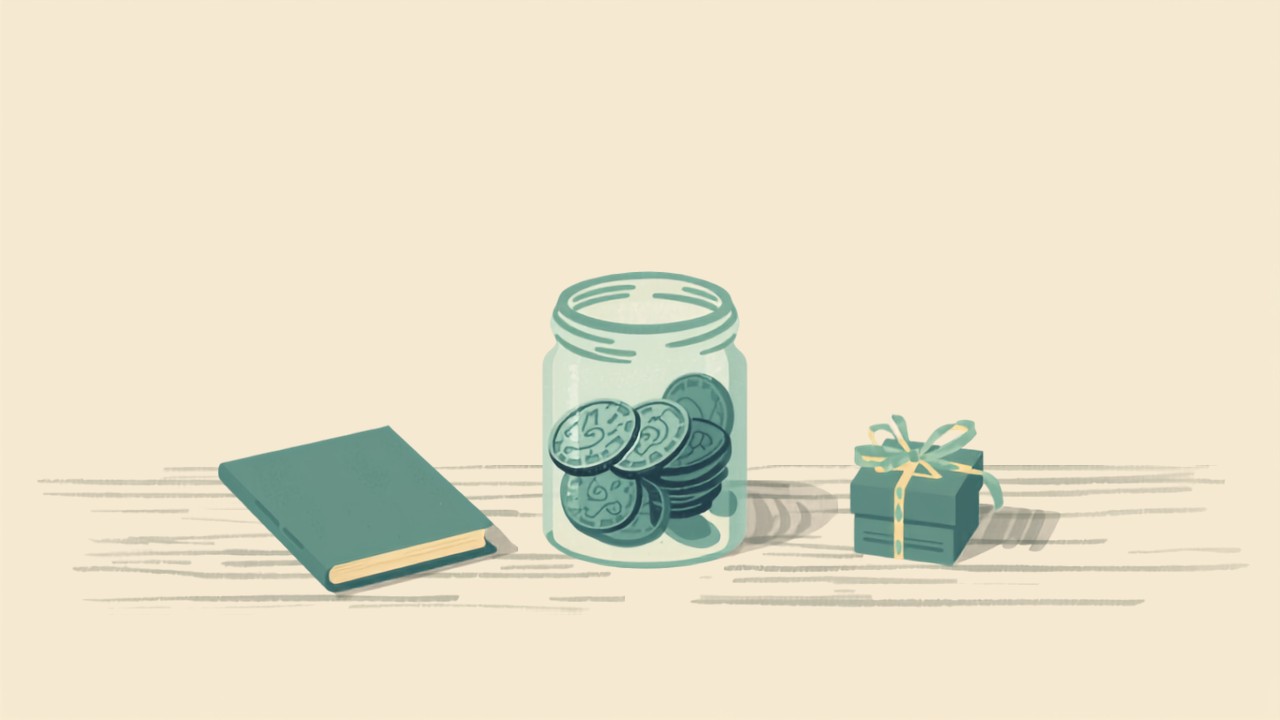 硬貨を入れた瓶とノート、ギフトボックスのイラスト(贈り物代を少しずつ貯めるイメージ)