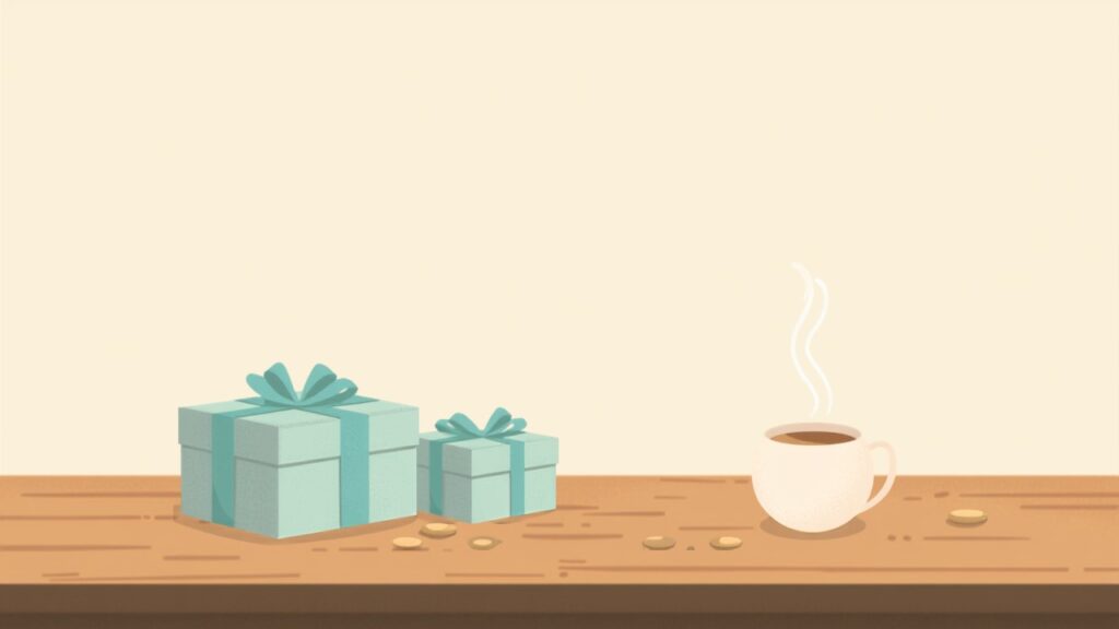 お中元・お歳暮のギフトボックスと硬貨、お茶のイラスト（特別費として備えるイメージ）