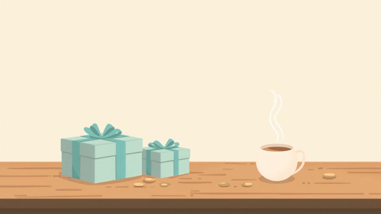 お中元・お歳暮のギフトボックスと硬貨、お茶のイラスト(特別費として備えるイメージ)