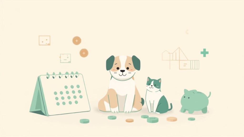 犬と猫・カレンダー・貯金箱・コインが並ぶ、ペットの年間費用と特別費をあらわすティール配色のイラスト