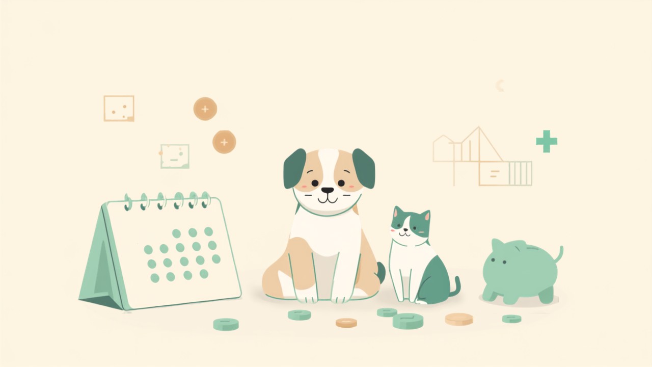 犬と猫・カレンダー・貯金箱・コインが並ぶ、ペットの年間費用と特別費をあらわすティール配色のイラスト