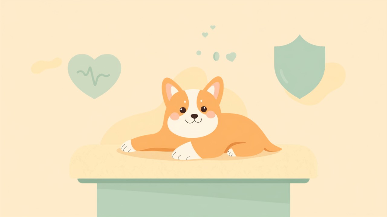 診察台の上の犬とハート・盾のアイコン、ペットの突然の医療費への備えをあらわすイラスト