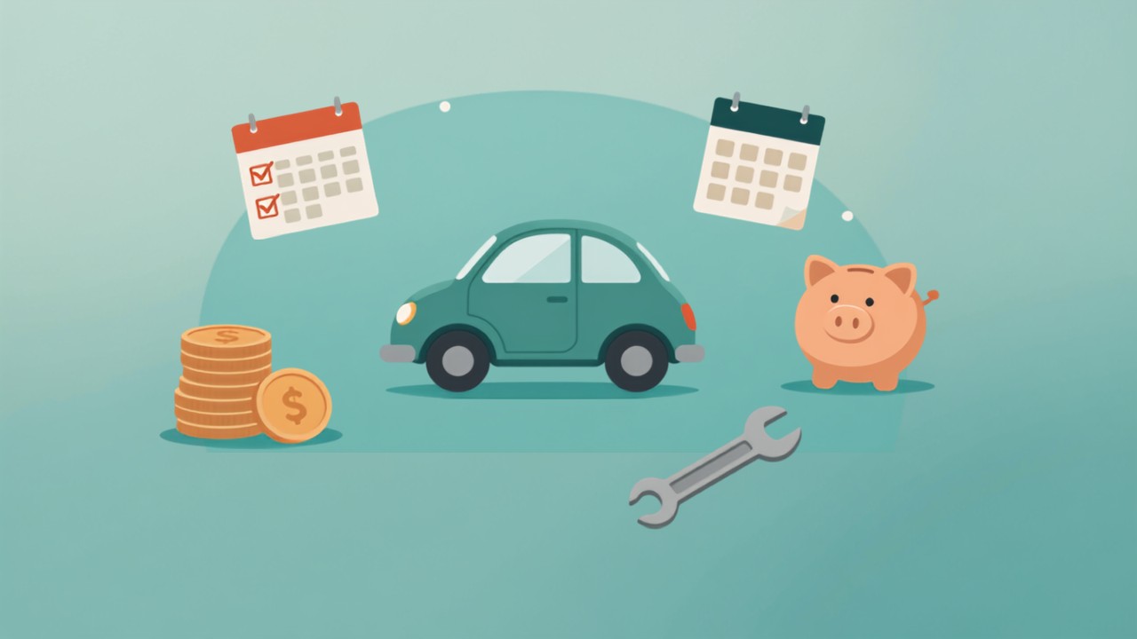 車検費用の相場と特別費としての備え方を表すティール配色のイラスト