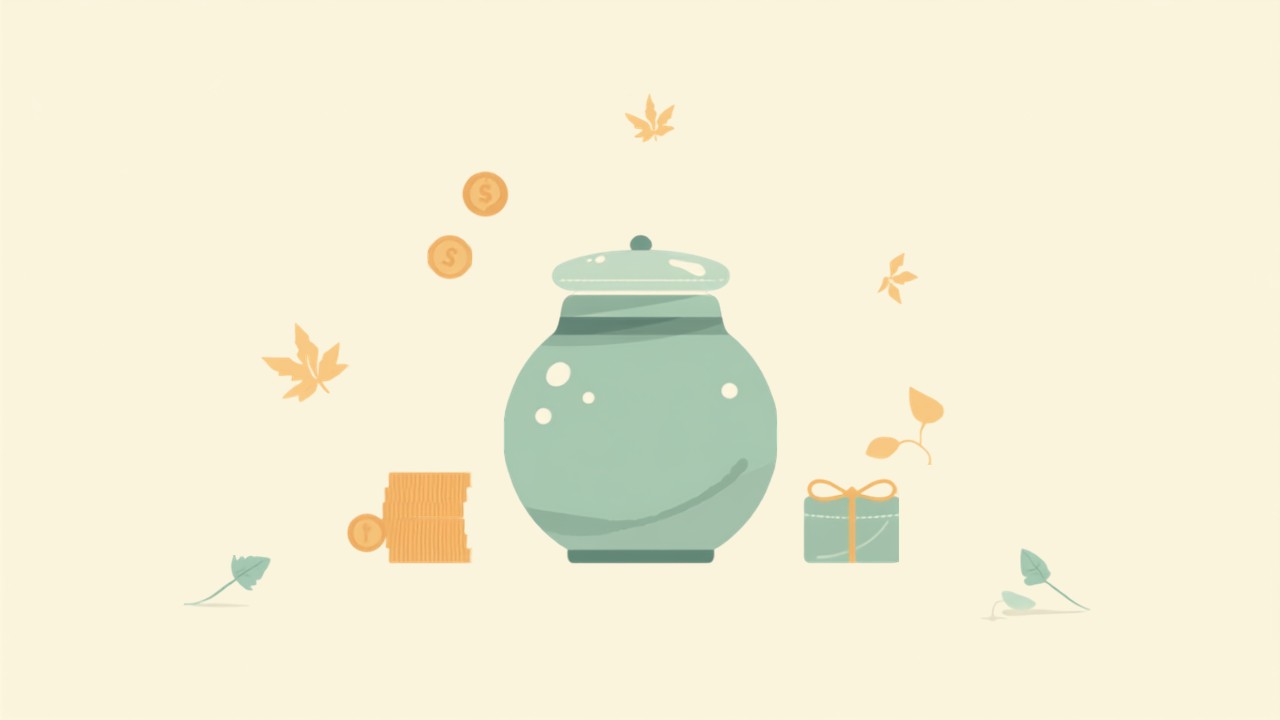 特別費として七五三費用を積み立てるイメージの、貯金瓶と硬貨・贈り物のイラスト