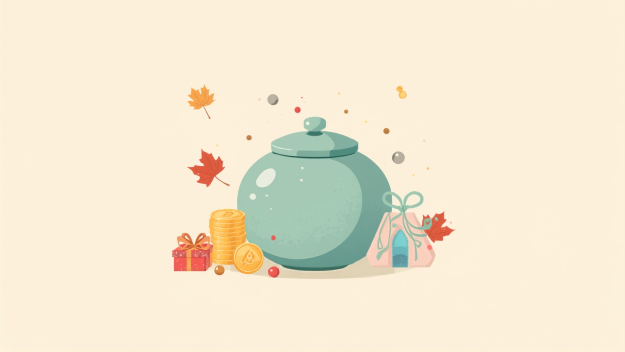 計画的に七五三の準備費用を貯めるイメージの、貯金瓶と硬貨・お祝いのイラスト