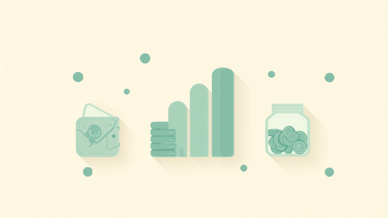 財布と増えていくお金、貯金瓶をあらわしたイラスト