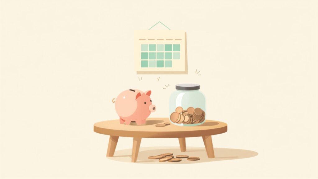 特別費と予備費の違いを表すイラスト。カレンダーと貯金箱、コインの入った瓶。