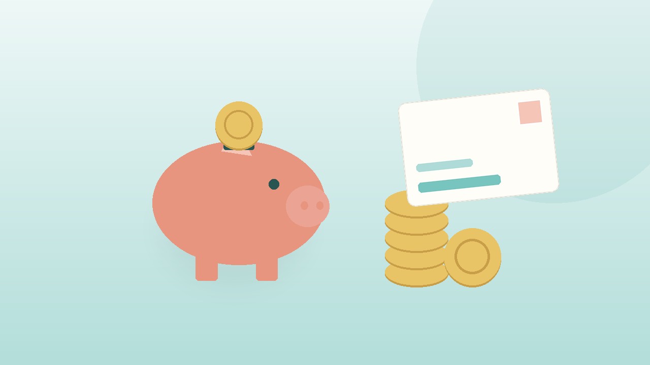 貯金箱とコインと年賀はがきを表した節約のイラスト