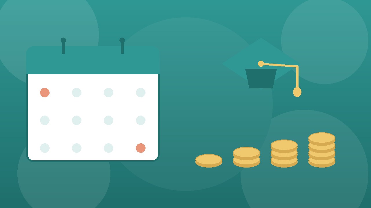 大学受験費用の全体像を表すカレンダーと増える硬貨のイラスト