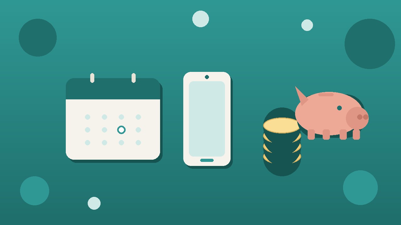 スマホの買い替え費用とカレンダー・貯金箱のイメージイラスト