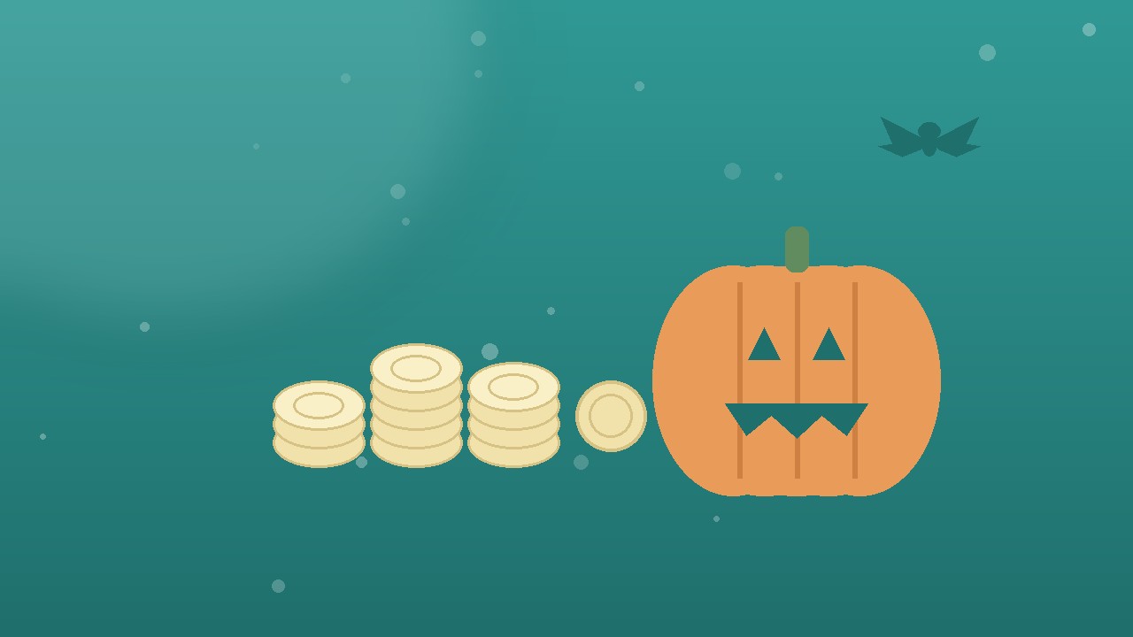 ハロウィン費用の相場イメージ(積み上がったコインとかぼちゃ)