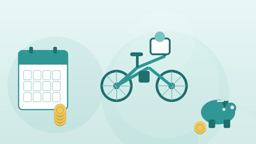 電動自転車と子供乗せシート、カレンダーと硬貨・貯金箱のイラスト。電動自転車を特別費として備えるイメージ