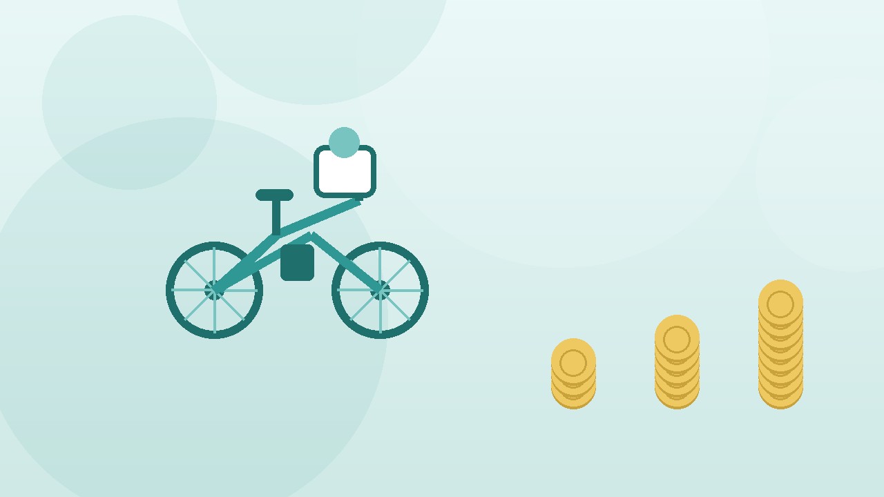 電動自転車と3段階に高くなる硬貨の山のイラスト。用途別の本体価格相場のイメージ