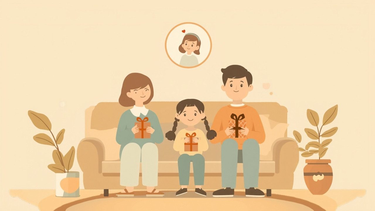 家族でお祝いのプレゼントを持つ温かいイラスト