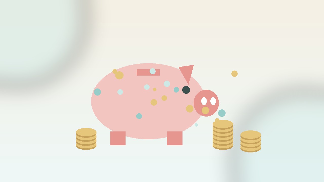 プレゼント予算の相場と貯金をイメージした、ティール配色の豚の貯金箱とコインのイラスト