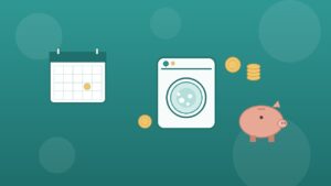 カレンダーと洗濯機とコインと貯金箱をあしらった、洗濯機の買い替え費用を特別費で備えるイメージのイラスト