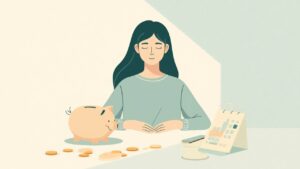 法事の費用を家計の特別費として貯金箱とカレンダーで計画する女性のイラスト