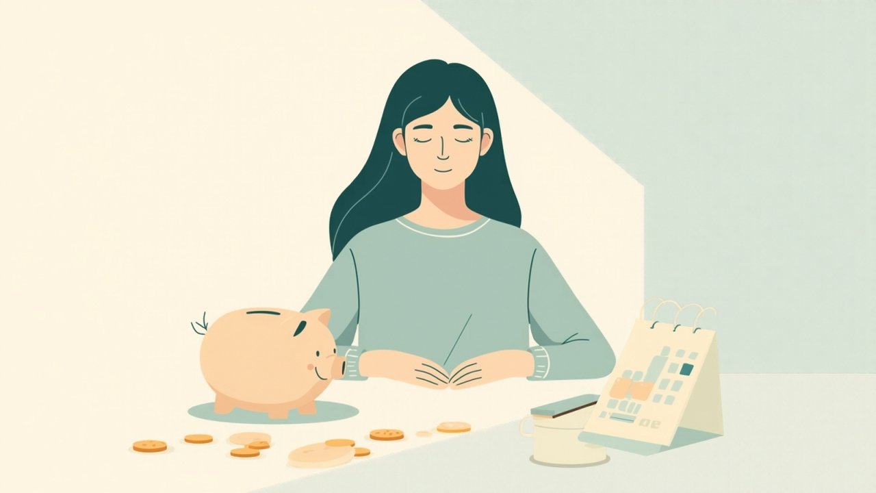 法事の費用を家計の特別費として貯金箱とカレンダーで計画する女性のイラスト