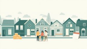住宅街に立つ家族と、積み上がったコインとカレンダーのイラスト