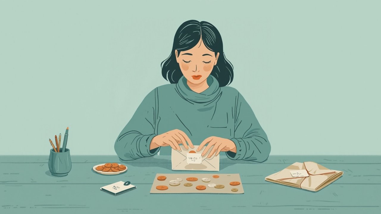 封筒にお金を仕分けして年間の出費に備える女性のイラスト